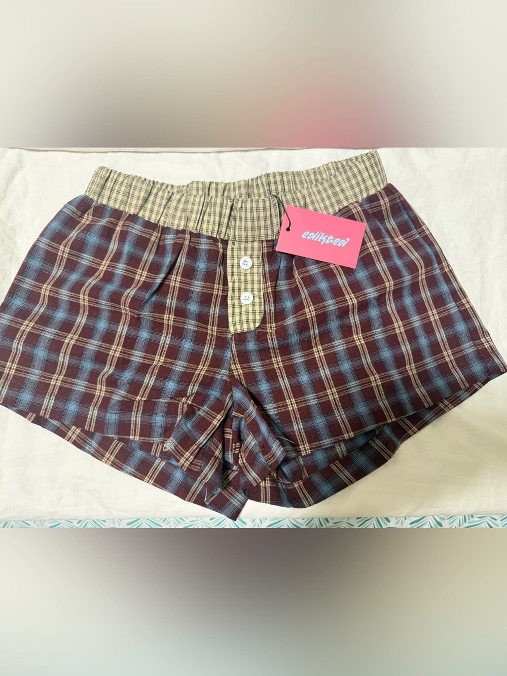 Edikted Plaid Cotton Shorts in Burgundy and Blue with Tan Waist